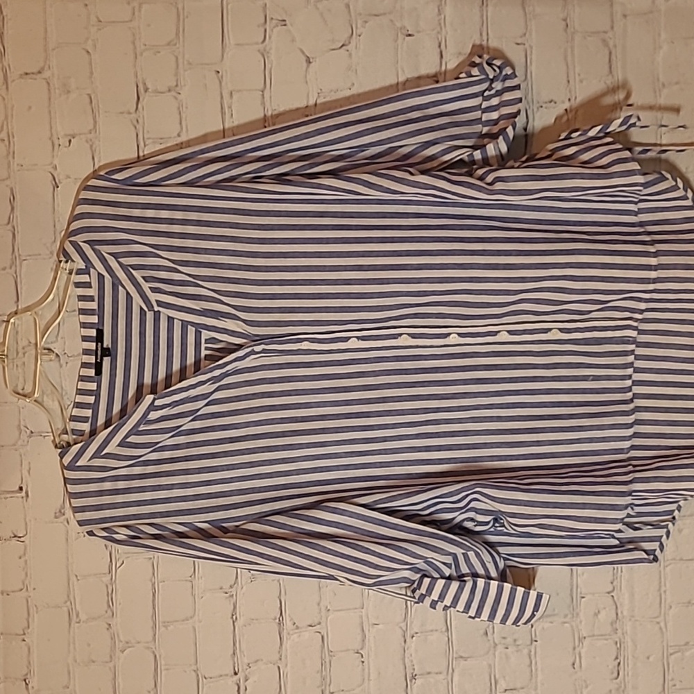 Blue White Striped Large Blouse Cotton Roll Tab Sleeve Lightweight Beachy Tunic